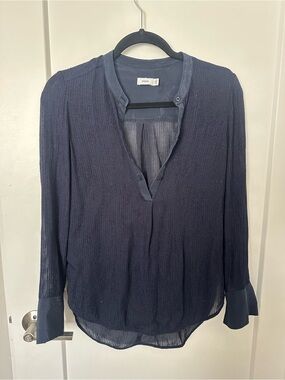 Vince Navy Textured silky Long-Sleeve Henley Top